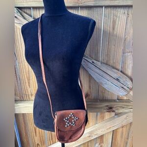 Two Bar West Brown Leather Small Crossbody Purse with Silver Stud Star on Front